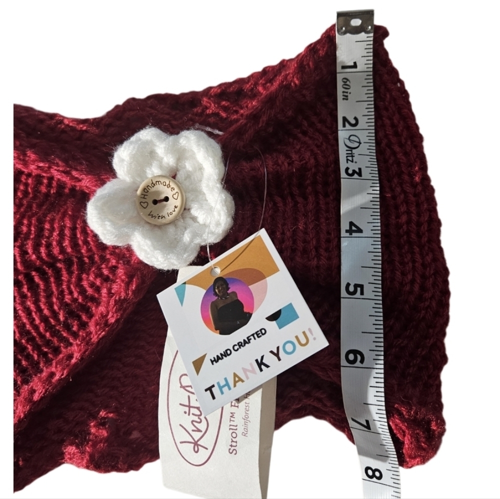 Hand Crafted 3 in 1 hair accessory crochet floral ear warmer Winter headband red - Picture 15 of 17